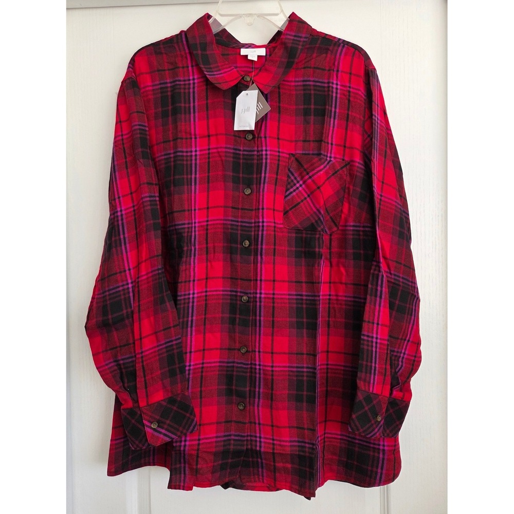J Jill Red Plaid Flannel Button Up Tunic Shirt Women Sz‎ 2X Cabincore Holiday